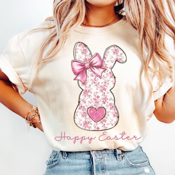 Tops - Pink Floral Chinoiserie Bunny Tee, Easter Rabbit Tee